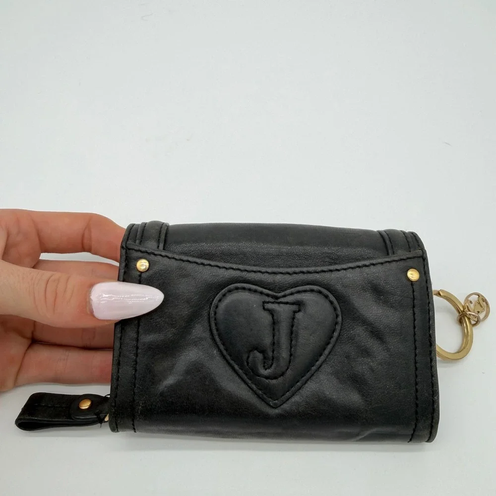Juicy Couture McBling Y2K Black Leather Rhinestone Crown Heart Key Ring Wallet
